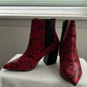 Qupid brand red and black snakeskin embossed bootie